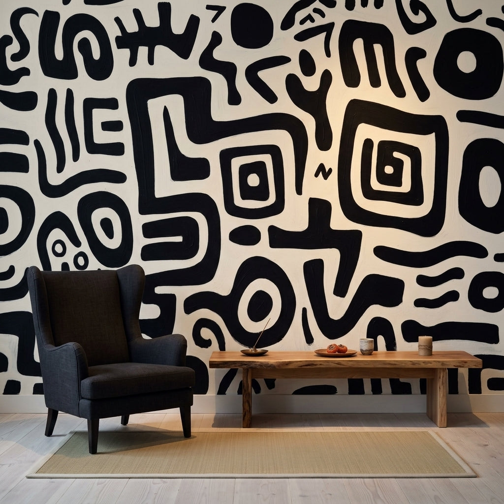 Siyah Beyaz Soyut Desenli Poster Duvar Kağıdı Modern Salon