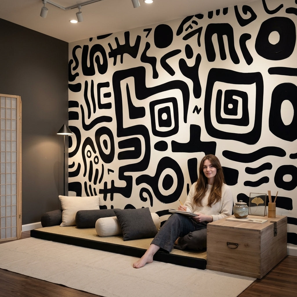Siyah Beyaz Soyut Desenli Poster Duvar Kağıdı Modern Salon