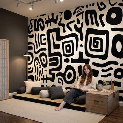 Siyah Beyaz Soyut Desenli Poster Duvar Kağıdı Modern Salon