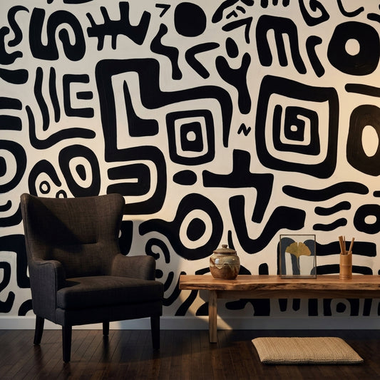 Siyah Beyaz Soyut Desenli Poster Duvar Kağıdı Modern Salon