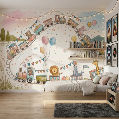 Hayvanlı Trenli Poster Duvar Kağıdı Pastel Çocuk Odası