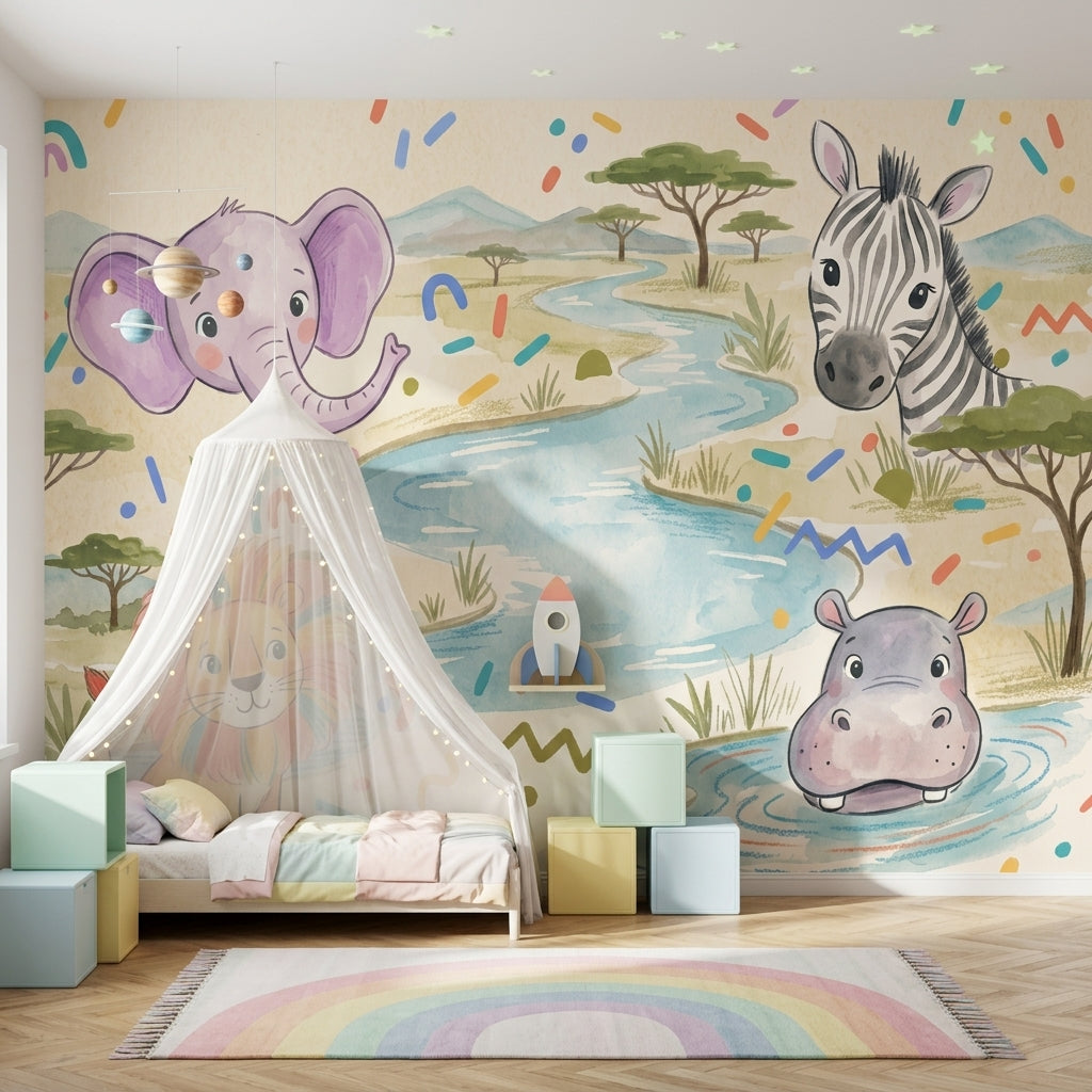 Safari Hayvanlı Poster Duvar Kağıdı Çocuk Odası Pastel