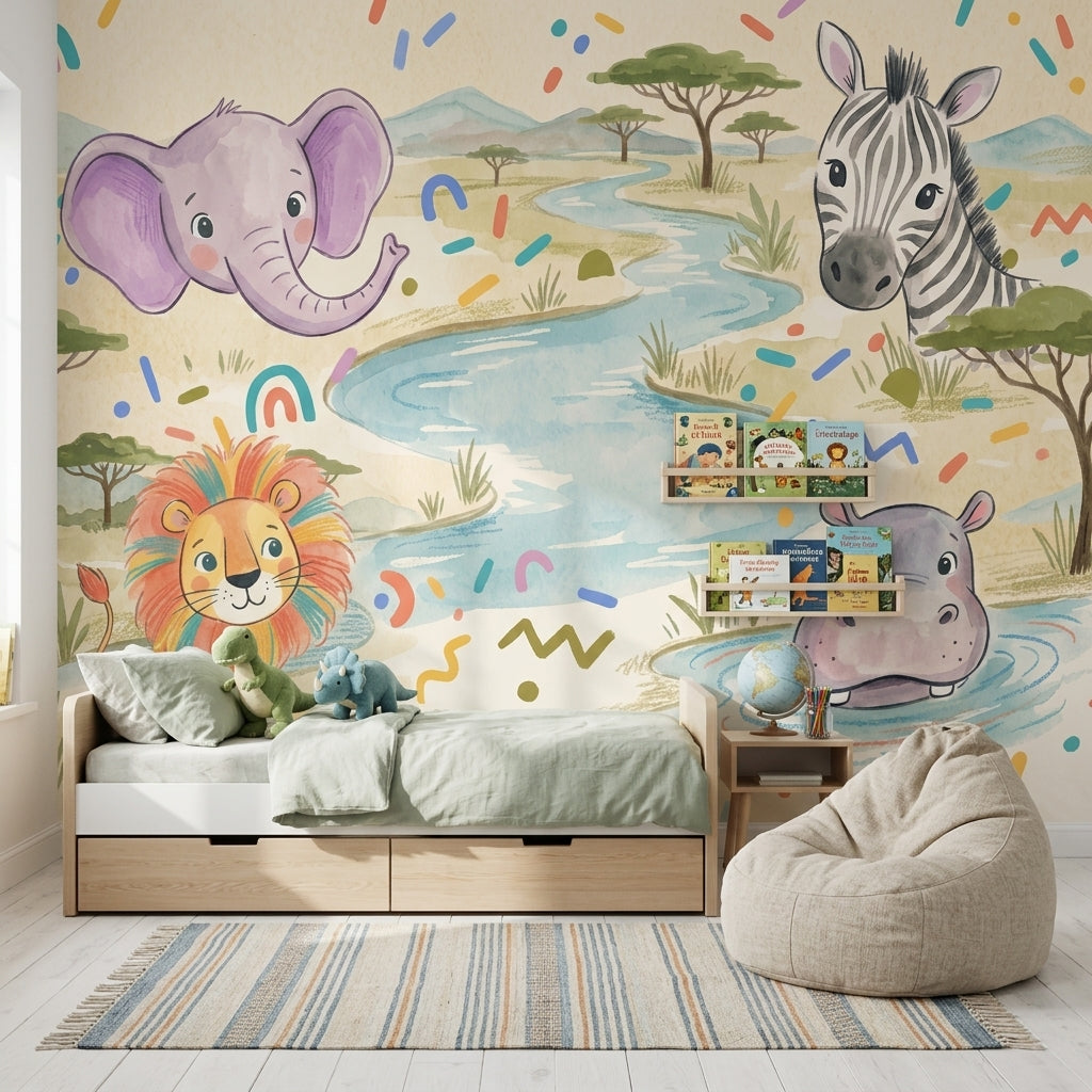 Safari Hayvanlı Poster Duvar Kağıdı Çocuk Odası Pastel