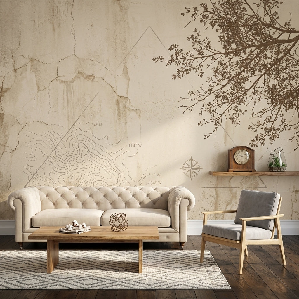 Harita Çizimli Poster Duvar Kağıdı Bej Minimal Salon