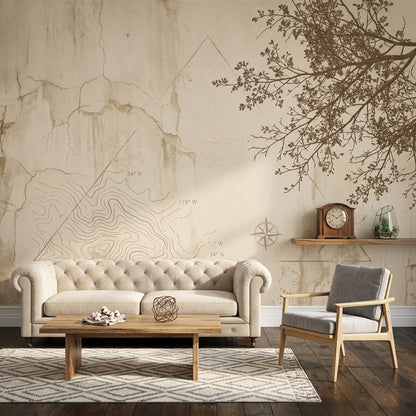 Harita Çizimli Poster Duvar Kağıdı Bej Minimal Salon