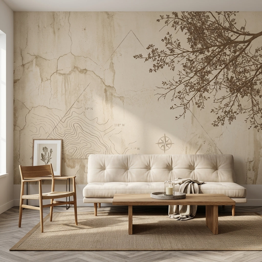 Harita Çizimli Poster Duvar Kağıdı Bej Minimal Salon