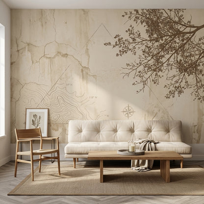 Harita Çizimli Poster Duvar Kağıdı Bej Minimal Salon