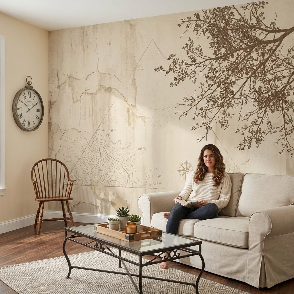 Harita Çizimli Poster Duvar Kağıdı Bej Minimal Salon