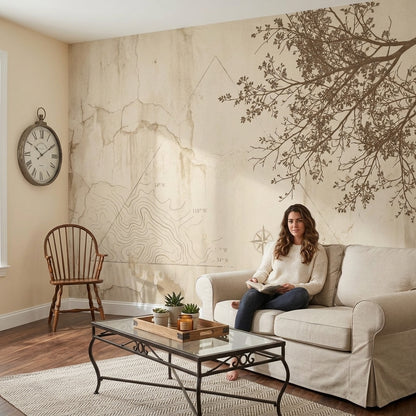 Harita Çizimli Poster Duvar Kağıdı Bej Minimal Salon