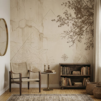 Harita Çizimli Poster Duvar Kağıdı Bej Minimal Salon