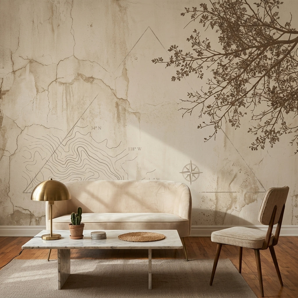 Harita Çizimli Poster Duvar Kağıdı Bej Minimal Salon