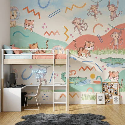 Sevimli Safari Hayvanlı Poster Duvar Kağıdı Pastel Çocuk Odası