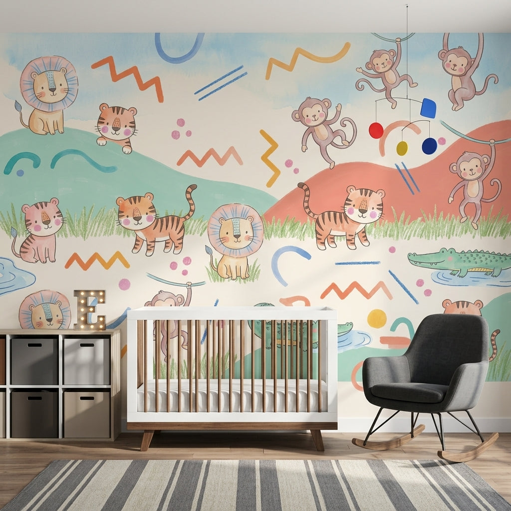 Sevimli Safari Hayvanlı Poster Duvar Kağıdı Pastel Çocuk Odası