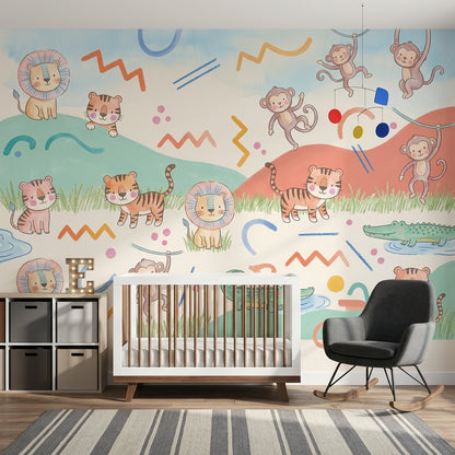 Sevimli Safari Hayvanlı Poster Duvar Kağıdı Pastel Çocuk Odası