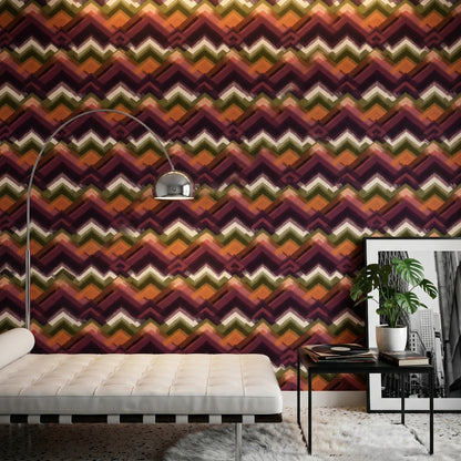Zikzak Geometrik Duvar Kağıdı Mor Yeşil Retro Salon