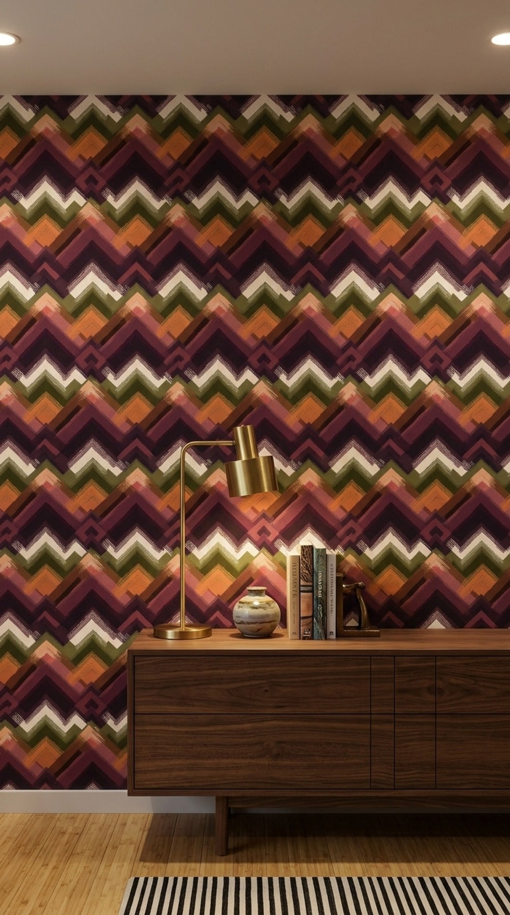 Zikzak Geometrik Duvar Kağıdı Mor Yeşil Retro Salon