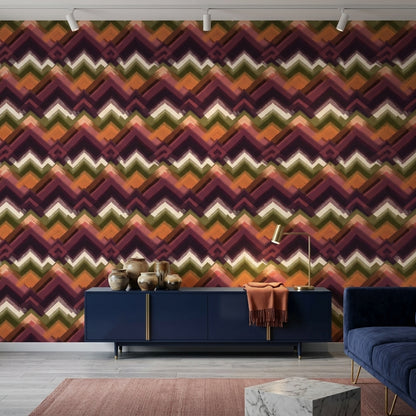 Zikzak Geometrik Duvar Kağıdı Mor Yeşil Retro Salon