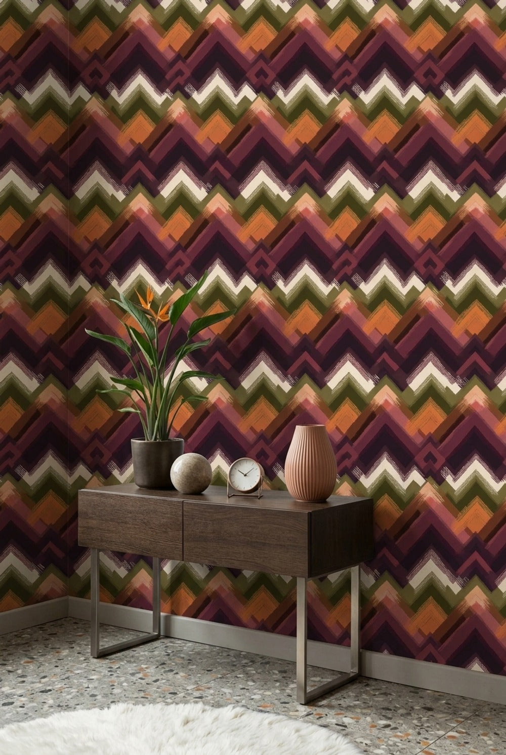Zikzak Geometrik Duvar Kağıdı Mor Yeşil Retro Salon