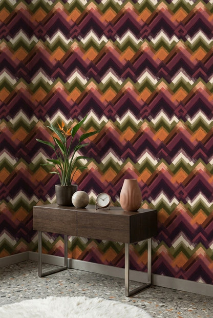 Zikzak Geometrik Duvar Kağıdı Mor Yeşil Retro Salon