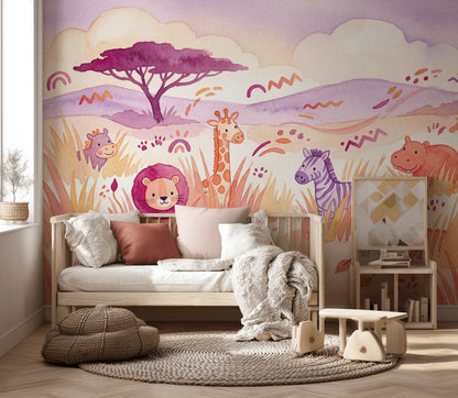 Safari Hayvanlı Poster Duvar Kağıdı Pastel Çocuk Odası