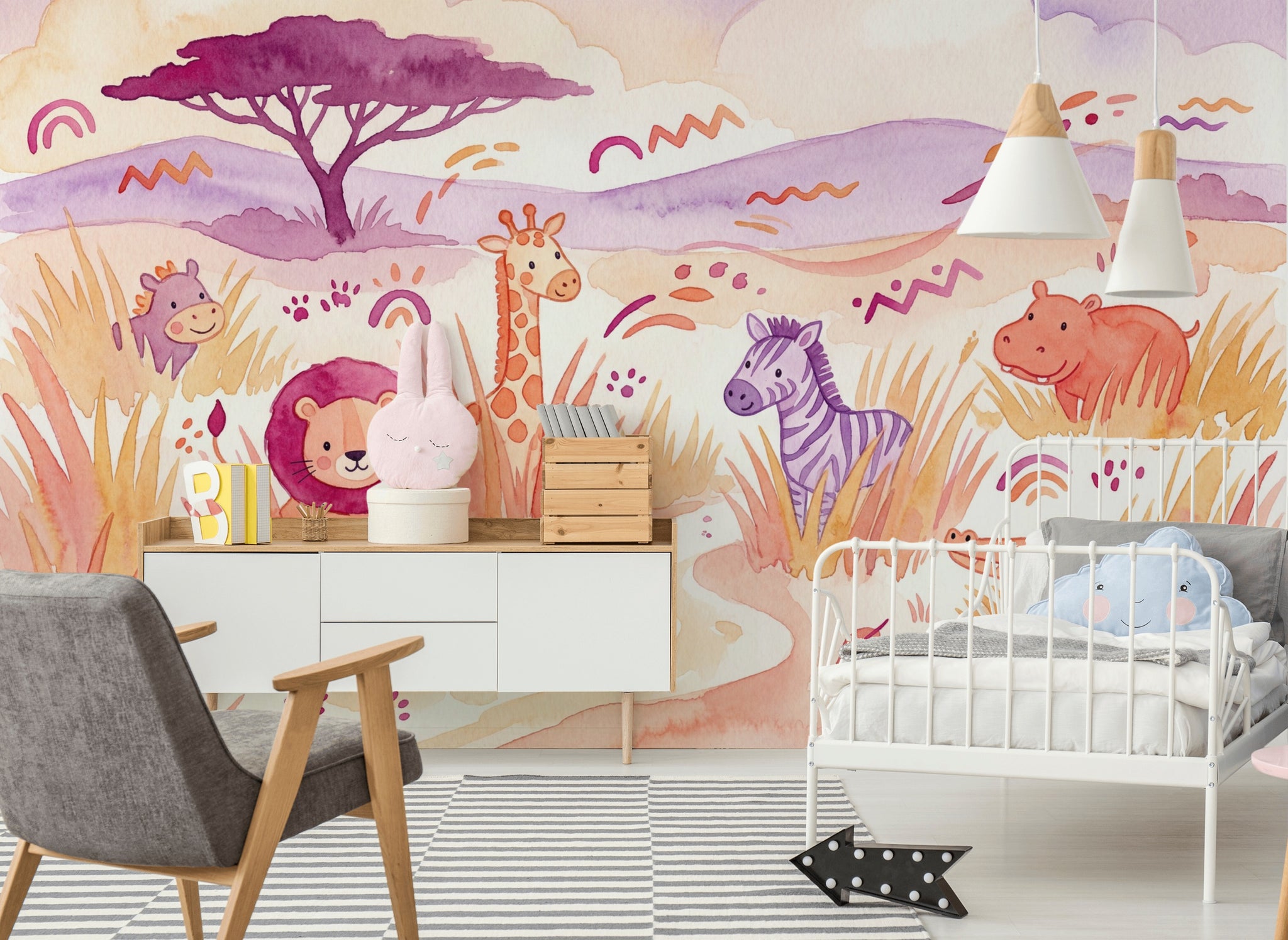 Safari Hayvanlı Poster Duvar Kağıdı Pastel Çocuk Odası