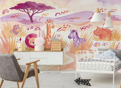 Safari Hayvanlı Poster Duvar Kağıdı Pastel Çocuk Odası