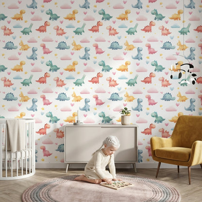 Pastel Dinozor Desenli Duvar Kağıdı Çocuk Odası Bulutlu