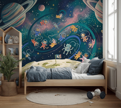 Uzay Astronotlu Poster Duvar Kağıdı Lacivert Yıldızlı Çocuk Odası