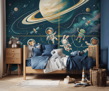 Astronot Hayvanlı Poster Duvar Kağıdı Lacivert Uzay Çocuk Odası