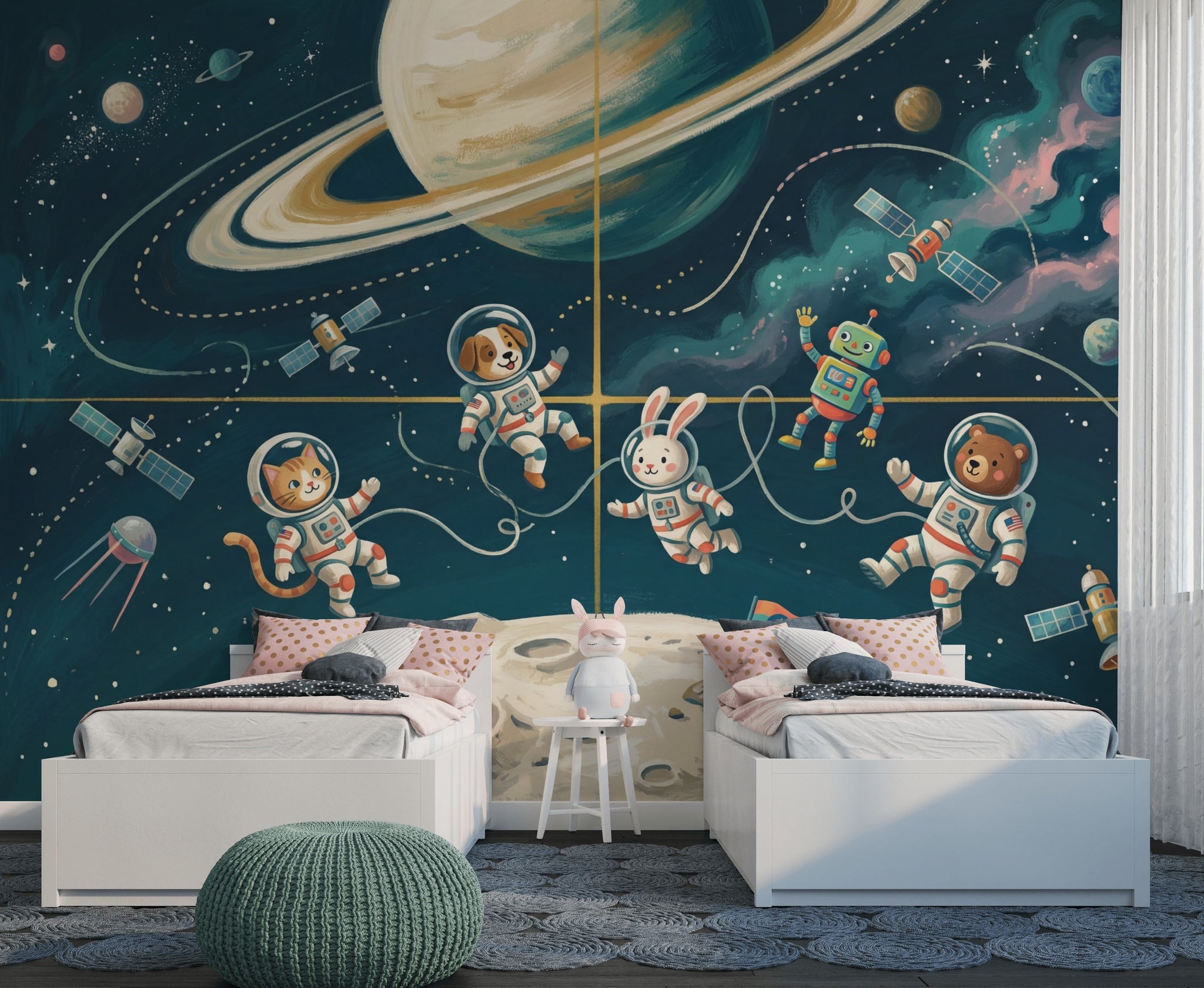 Astronot Hayvanlı Poster Duvar Kağıdı Lacivert Uzay Çocuk Odası