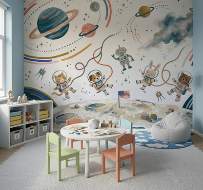 Astronotlu Uzay Poster Duvar Kağıdı Çocuk Odası Renkli