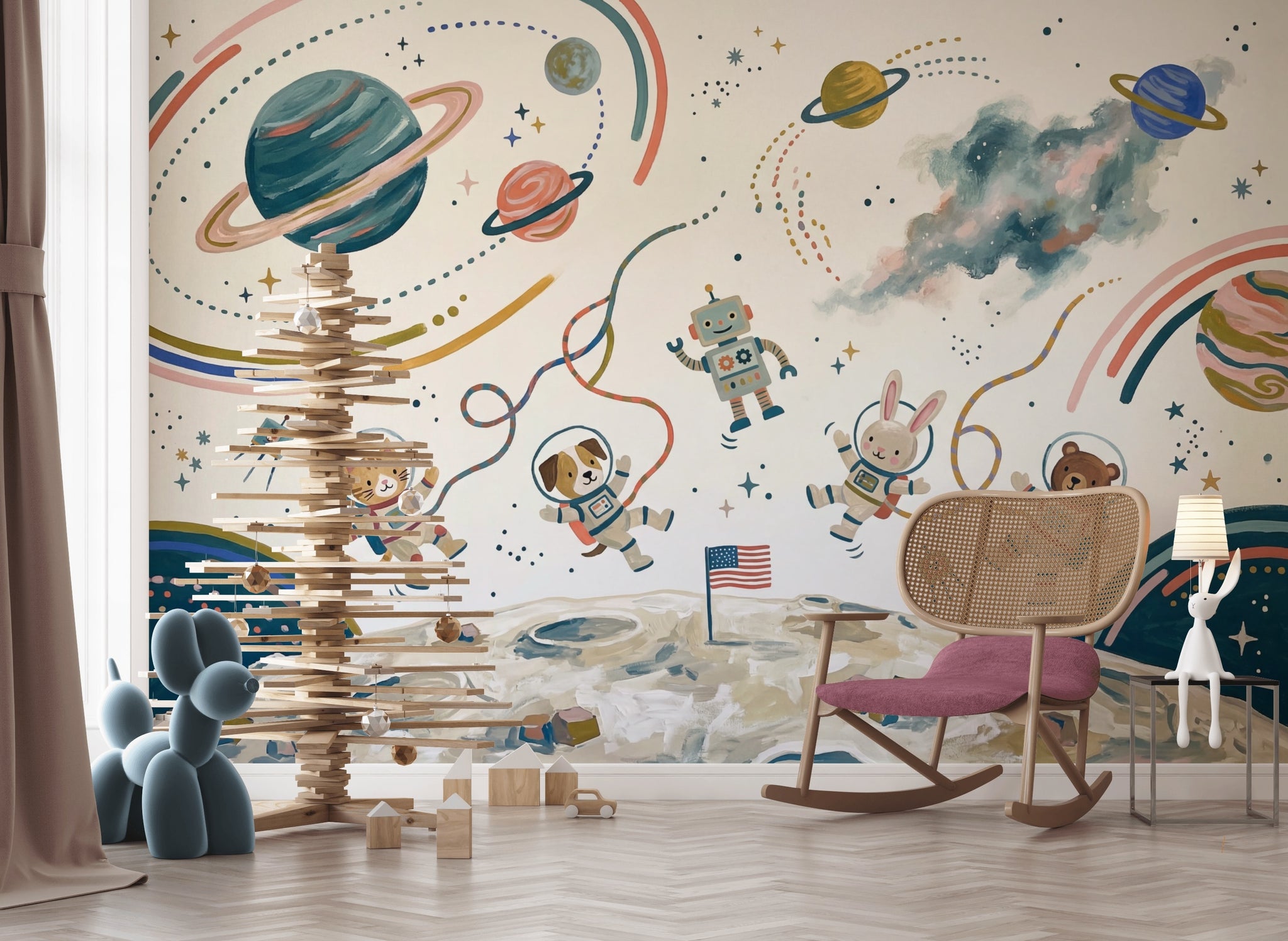 Astronotlu Uzay Poster Duvar Kağıdı Çocuk Odası Renkli