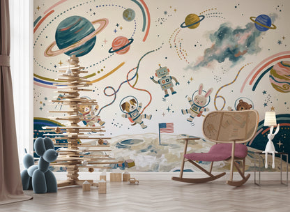 Astronotlu Uzay Poster Duvar Kağıdı Çocuk Odası Renkli