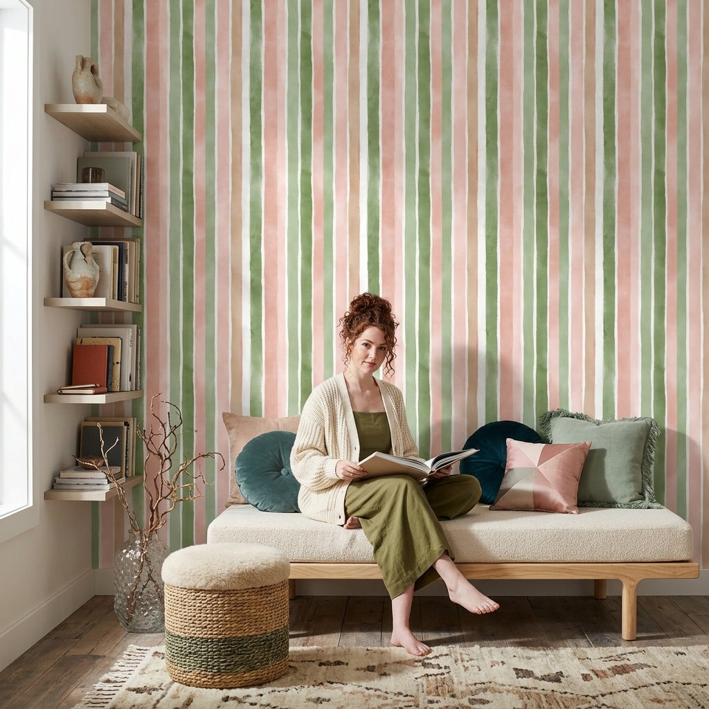 Pastel Dikey Çizgili Duvar Kağıdı Yeşil Pudra Salon