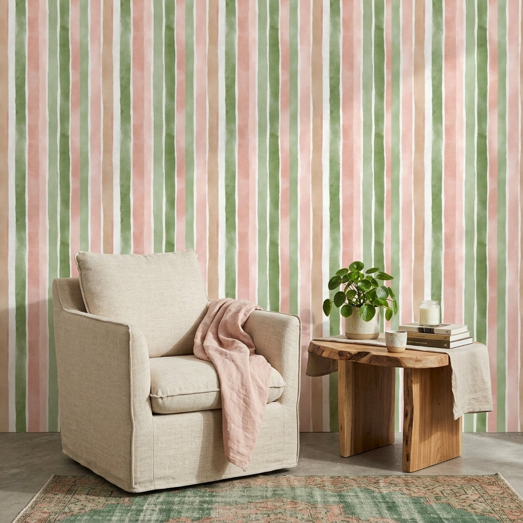 Pastel Dikey Çizgili Duvar Kağıdı Yeşil Pudra Salon