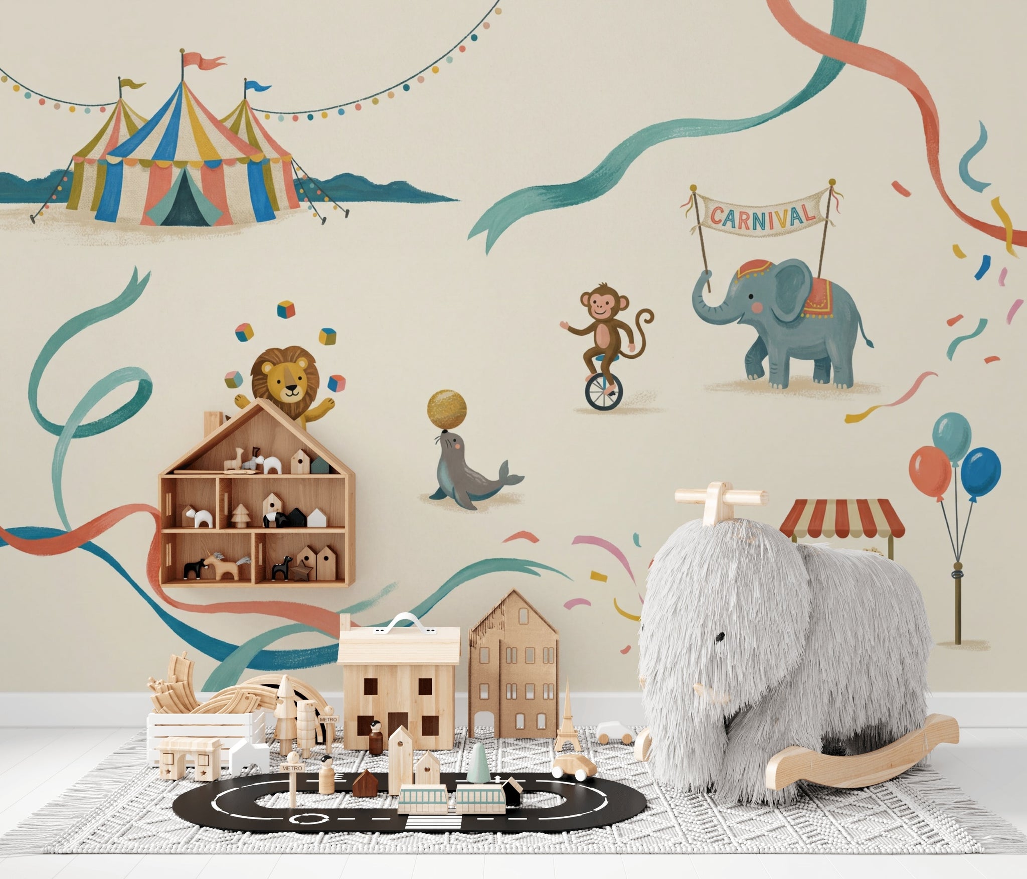 Sirk ve Hayvanlı Poster Duvar Kağıdı Bebek Odası Pastel