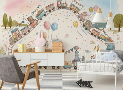 Hayvanlı Trenli Poster Duvar Kağıdı Pastel Çocuk Odası