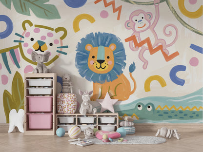 Aslan ve Maymunlu Poster Duvar Kağıdı Çocuk Odası Renkli