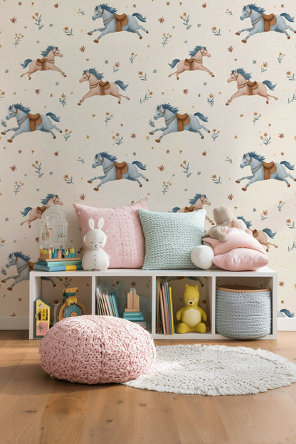 Koşan At Desenli Duvar Kağıdı Pastel Çocuk Odası
