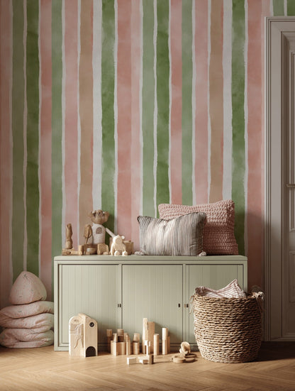 Pastel Dikey Çizgili Duvar Kağıdı Yeşil Pudra Salon