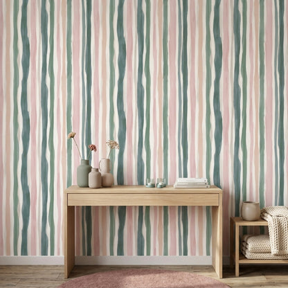 Pastel Çizgili Duvar Kağıdı Pembe Yeşil Modern Salon