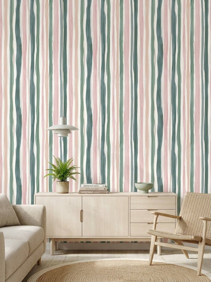 Pastel Çizgili Duvar Kağıdı Pembe Yeşil Modern Salon
