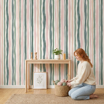 Pastel Çizgili Duvar Kağıdı Pembe Yeşil Modern Salon