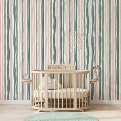Pastel Çizgili Duvar Kağıdı Pembe Yeşil Modern Salon