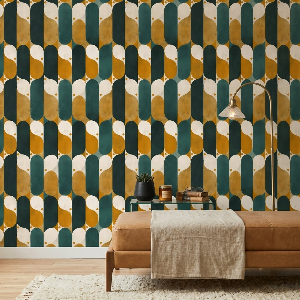 Retro Geometrik Duvar Kağıdı Yeşil Hardal Desenli Salon