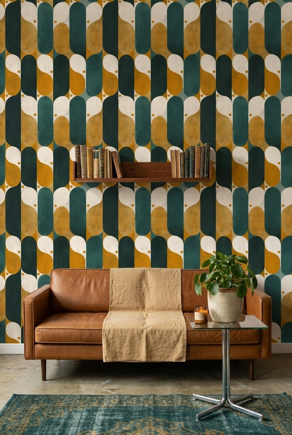 Retro Geometrik Duvar Kağıdı Yeşil Hardal Desenli Salon