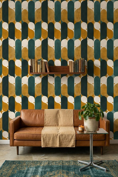 Retro Geometrik Duvar Kağıdı Yeşil Hardal Desenli Salon