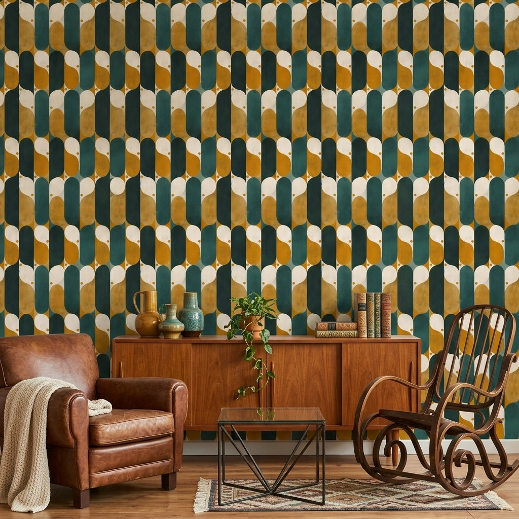 Retro Geometrik Duvar Kağıdı Yeşil Hardal Desenli Salon