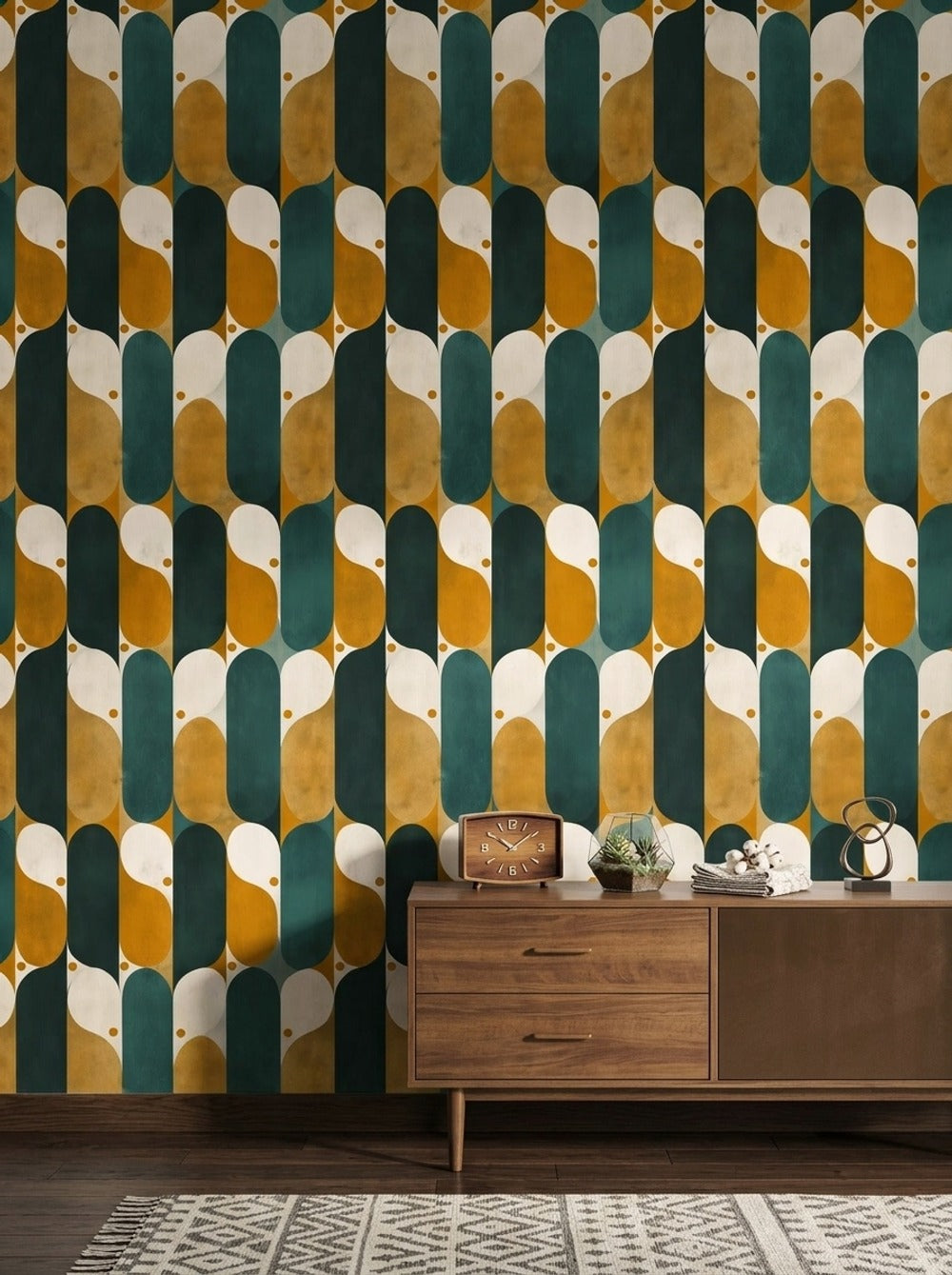 Retro Geometrik Duvar Kağıdı Yeşil Hardal Desenli Salon
