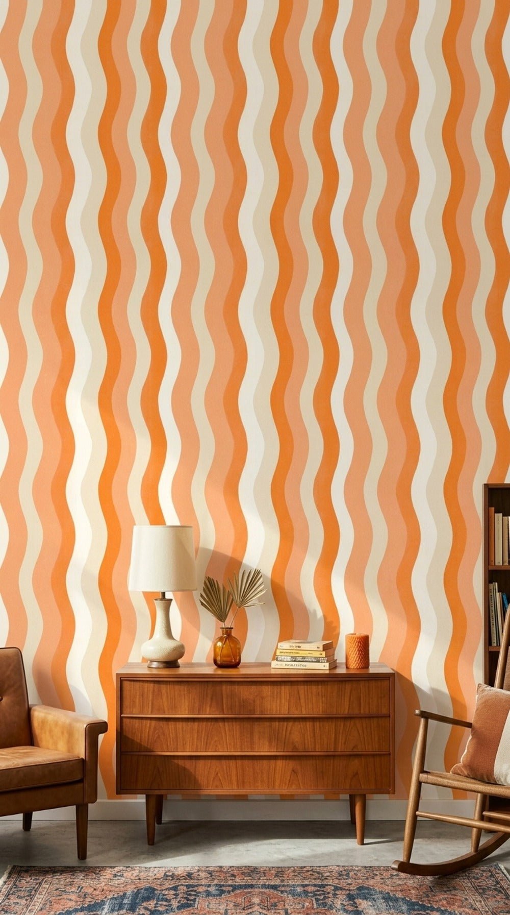 Turuncu Dalgalı Çizgili Duvar Kağıdı Retro Salon Deseni